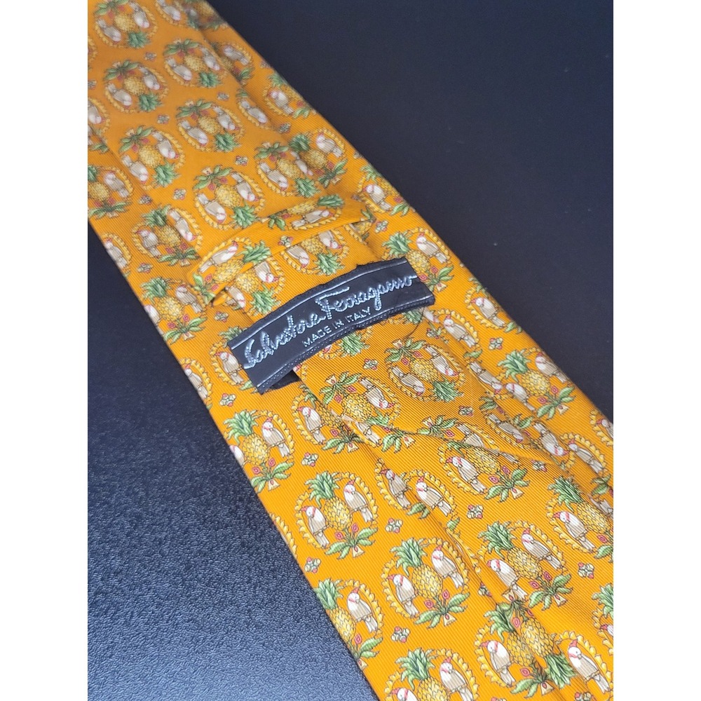 Salvatore Ferragamo Necktie Yellow Pineapple Cockatoo Silk Italy Excellent